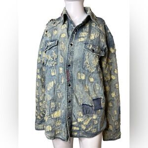 Mostly Heard Rarely Seen Grunge Long Sleeve Button down Shacket Denim Large
